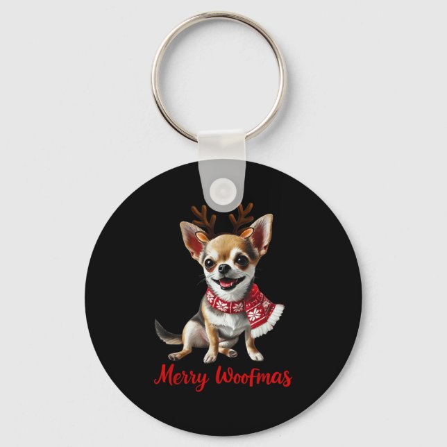 Chaveiro Merry Woofmas Chihuahua Dog Meme In Reindeer Antle (Frente)