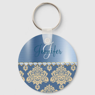 Chaveiro Metálico Azul, Damask Faux Satin Rhinestones