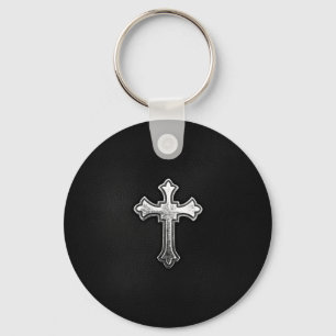Chaveiro Metallic Crucifix on Black Leather