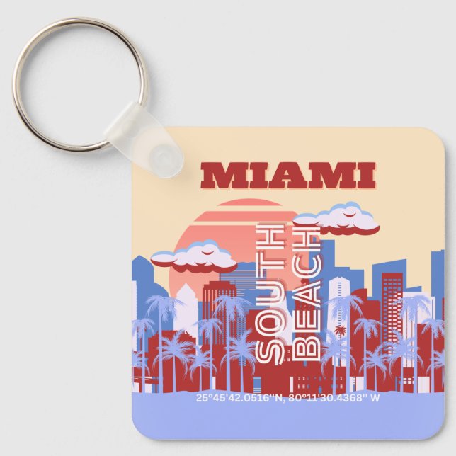 Chaveiro Miami Beach, Miami Viagem Art, Retro (Frente)
