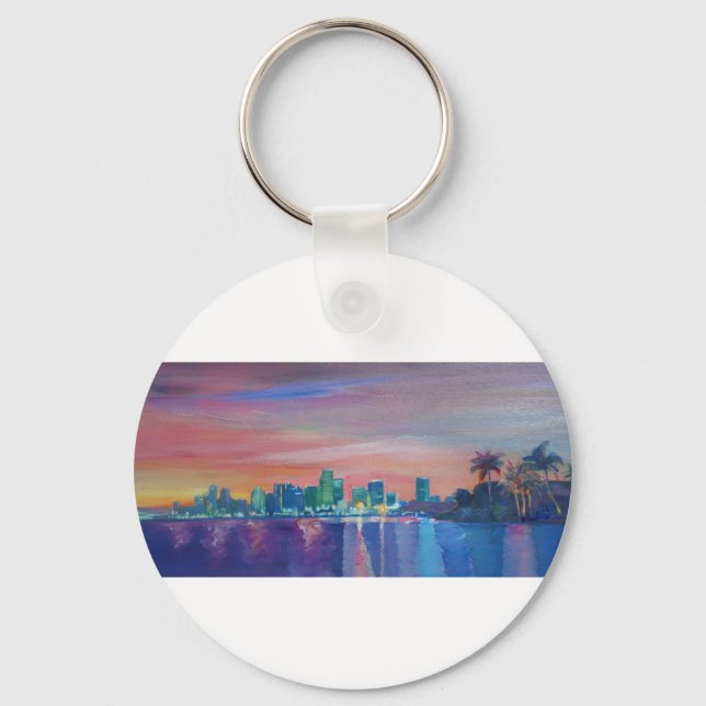 Chaveiro Miami Skyline Silhouette Ao Sunset, Na Flórida (Frente)