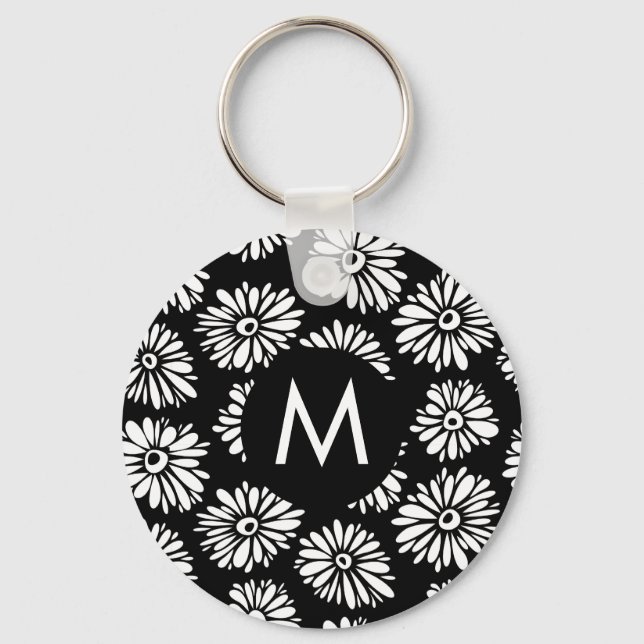 Chaveiro Minimalist Groovy Black and White Daisy Monogram (Frente)