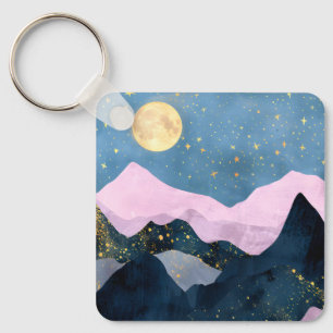Chaveiro Minimalista Lua Estrelas Montanha Vale Celestial