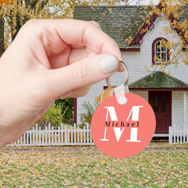 Chaveiro Mínimo Moderno Inicial + Nome Monograma Coral (Criador carregado)