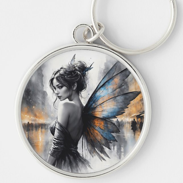Chaveiro Misteriosa fada negra cidade brilhando asas etérea (Frente)