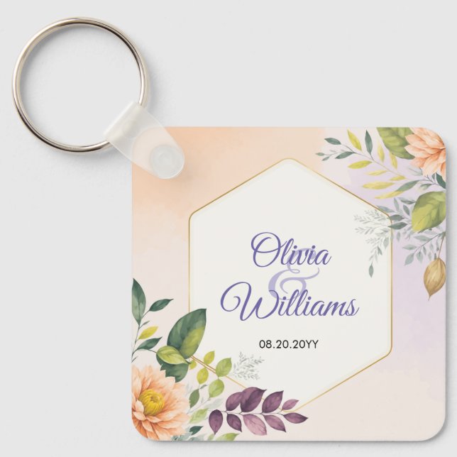Chaveiro Modelo de Convite de Casamento Floral Elegante (Frente)