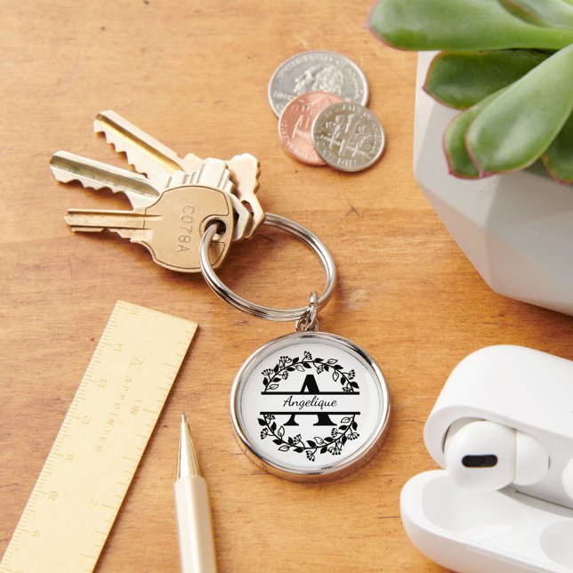 Chaveiro Modern Black Floral Wreath Split Monogram "A" (Criador carregado)