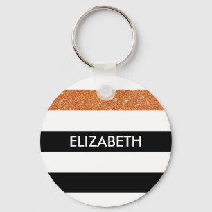 Chaveiro Modern Black Stripes FAUX Orange Glitz e Nome