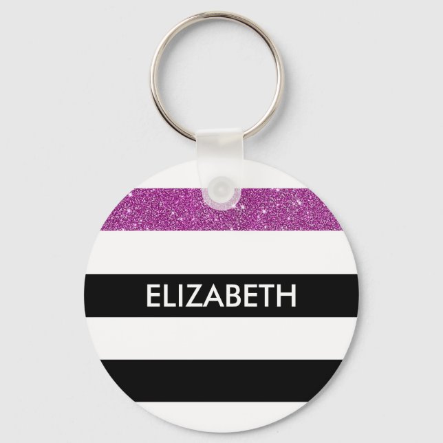 Chaveiro Modern Black Stripes FAUX Purple Glitz and Name (Frente)