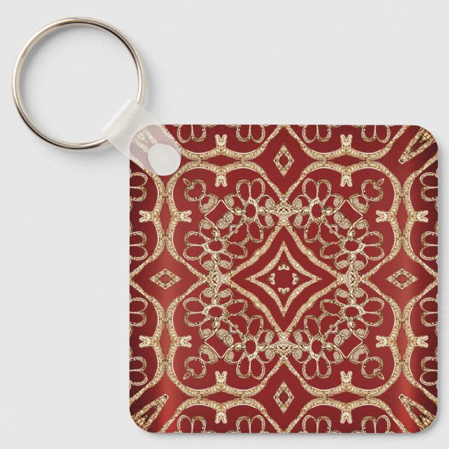 Chaveiro Modern Gold Red Floral Keychain (Frente)