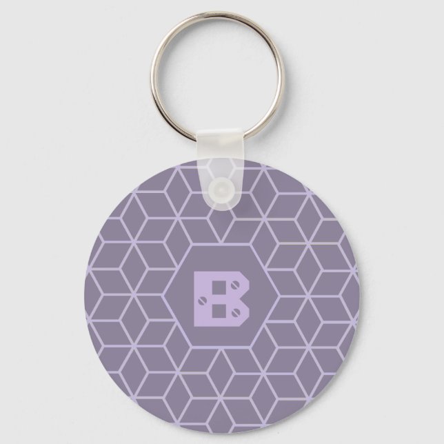 Chaveiro Modern Purple Geometric Cubes Pattern Monogram (Frente)