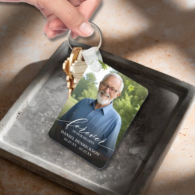 Chaveiro Modern Script Photo Memorial Forever in our Hearts (Modern script Forever in Our Hearts photo memorial double-sided keychain)