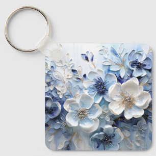 Chaveiro Moderno Botânico Floral Azul Branco Elegante