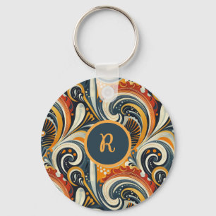 Chaveiro Moderno Hip Retro Laranja Redemoinhos Azul-escuro