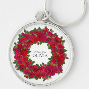 Chaveiro Moldura de Rosa Vermelha com Texto Personalizado