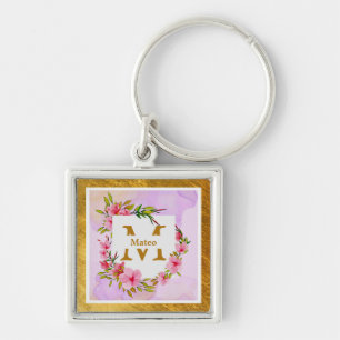 Chaveiro Moldura Dourada de Flor Aquarela Nome Personaliz