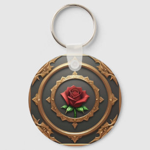 Chaveiro Moldura Dourada Intrincada com Rosa Vermelha