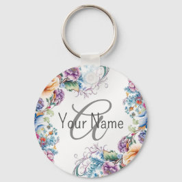 Chaveiro Moldura Floral Colorida com Nome Monograma Elegant