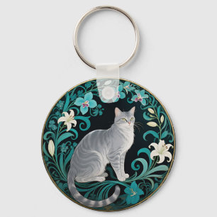 Chaveiro Moldura Floral Ornamentada com Gato Cinza