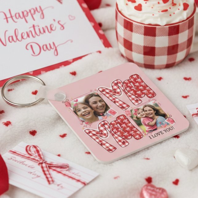 Chaveiro Mom and Child Photo Red Plaid Valentine Hearts (Criador carregado)