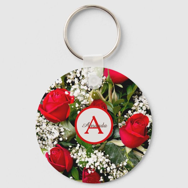 Chaveiro  Monogram and name on mdern red roses bouquet (Frente)