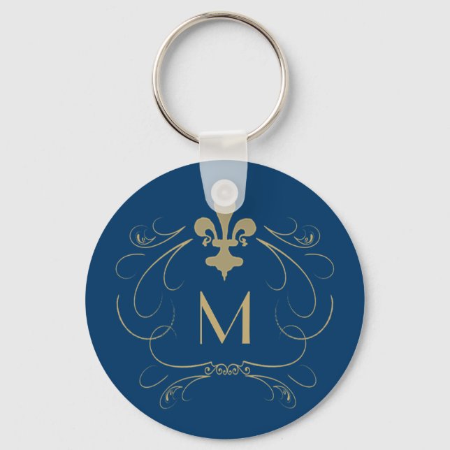 Chaveiro Monogram Elegant Fleur de Lis Blue Gold (Frente)