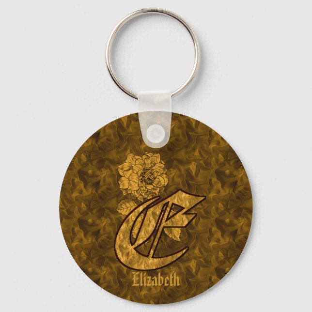 Chaveiro Monogram Initial E Gold Peony Personalized  (Frente)