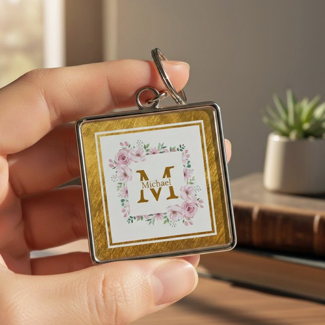 Chaveiro Monogram Initial "M" Floral - Pink Roses & Gold (Criador carregado)