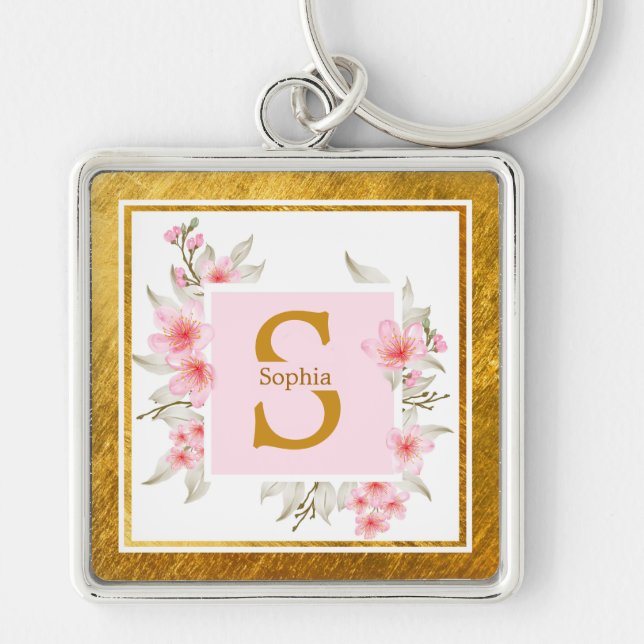 Chaveiro Monogram Initial "S" Floral - Pink Roses & Gold (Frente)