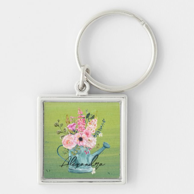 Chaveiro Monograma botânico elegante Verde e floral (Frente)