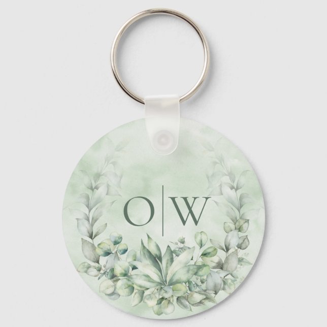 Chaveiro Monograma Botânico Eucalyptus Wedding Favor (Frente)