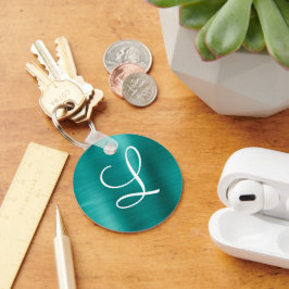 Chaveiro Monograma branco de metal escovado com chic teal