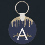 Chaveiro Monograma brilhante brilhante brilhante azul-Marin<br><div class="desc">Chaveiro Elegante Azul Faux Sparkly Glitter Dourado e Marinho. Esses Chaveiros podem ser personalizados para incluir seu nome e nome inicial. Essas correntes de chaves femininas fazem excelente doce aniversário de 16 anos,  chá de panela,  casamento ou festa de solteira favoritos ou presentes.</div>
