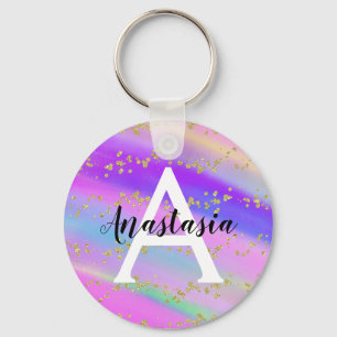 Chaveiro Monograma Colorido de Glitter Dourado Unicórnio R