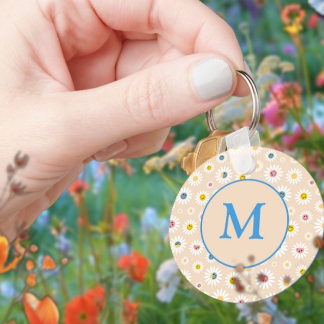 Chaveiro Monograma Colorido Smiling Daisy personalizado (Colourful Monogram Smiling Daisy personalised Keychain)