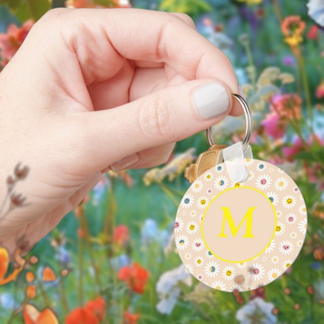 Chaveiro Monograma Colorido Smiling Daisy personalizado (Colourful Monogram Smiling Daisy personalised Keychain)