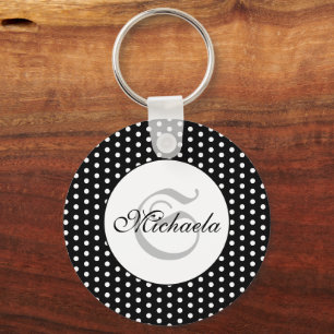 Chaveiro Monograma com bolinhas preto e branco retrô Vintag