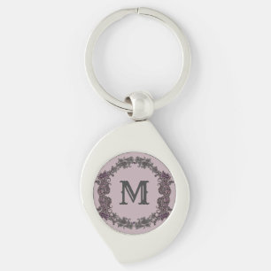 Chaveiro Monograma com Moldura de Púrpura e Prata Elegante