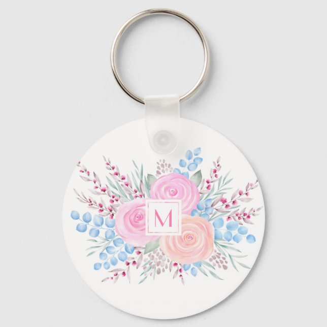 Chaveiro Monograma Cor de Água Buquê Rosas Rosa Azul Folhas (Frente)