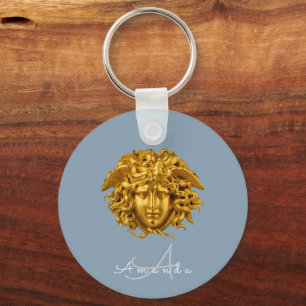 Chaveiro Monograma Couture Dourada Medusa Mask Dusty Blue