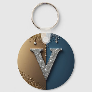 Chaveiro Monograma da Letra V Com Diamantes Pérolas