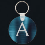 Chaveiro Monograma de Aço Inox Falso Azul Moderno<br><div class="desc">Porta-chaves metálico azul moderno e elegante de aço inoxidável falso. Estes porta-chaves podem ser personalizados para incluir o seu inicial e primeiro nome. Estes porta-chaves são ótimos para presentes de aniversário,  chá de panela ou despedida de solteira.</div>