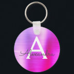 Chaveiro Monograma de Aço Inoxidável, cor-de-rosa e farelo<br><div class="desc">Chaveiro de Elegante Metálico de Aço Inoxidável,  Rosa-Quente e Roxo,  Faux. Esses Chaveiros podem ser personalizados para incluir seu nome e nome inicial. Estas correntes-chave fazem favores de excelente,  chá de panela ou festa de solteira.</div>