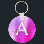 Chaveiro Monograma de Aço Inoxidável, cor-de-rosa e farelo<br><div class="desc">Chaveiro de Elegante Metálico de Aço Inoxidável,  Rosa-Quente e Roxo,  Faux. Esses Chaveiros podem ser personalizados para incluir seu nome e nome inicial. Estas correntes-chave fazem favores de excelente,  chá de panela ou festa de solteira.</div>