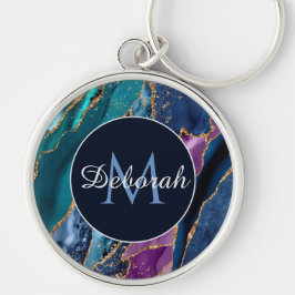 Chaveiro Monograma de Agato Dourado com abstrato azul