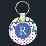 Chaveiro Monograma de Borboletas e Pontos bonito<br><div class="desc">Chaveiro monograma com borboletas bonito e pontos design em azul,  verde e roxo.</div>