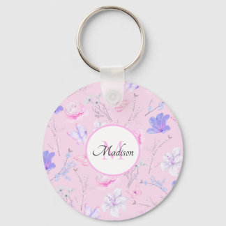 Chaveiro Monograma de Borboletas Florais em Aquarela Rosa