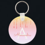 Chaveiro Monograma de brilho amarelo alaranjado<br><div class="desc">Laranja,  Amarelo e Dourado Brilhante Espelhaço de Mão e Faux Derrubando Glitter Girly Modern Monograma Primeiro Nome e Chaveiro de Festa de aniversário Inicial. Esta Festa de aniversário,  Chá de panela,  Casamento,  Cadeia de Chaves de Chá de fraldas pode ser personalizada para incluir seu nome inicial e nome próprio.</div>