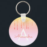 Chaveiro Monograma de brilho amarelo alaranjado<br><div class="desc">Laranja,  Amarelo e Dourado Brilhante Espelhaço de Mão e Faux Derrubando Glitter Girly Modern Monograma Primeiro Nome e Chaveiro de Festa de aniversário Inicial. Esta Festa de aniversário,  Chá de panela,  Casamento,  Cadeia de Chaves de Chá de fraldas pode ser personalizada para incluir seu nome inicial e nome próprio.</div>