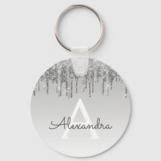 Chaveiro Monograma de brilho prateado e brilho (Frente)